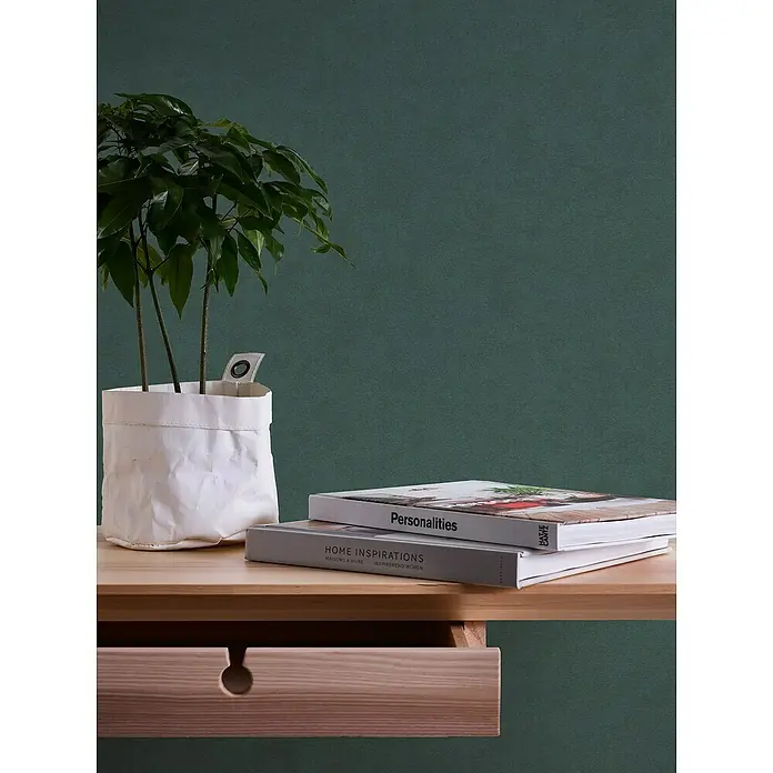A.S. Création Casual Living Vliestapete - Grün, Uni, 10,05 x 0,53 m - Das Foto zeigt einen eleganten Schreibtisch mit einer Pflanze, Büchern und einer Schublade. Perfekt für Ihr stilvolles Arbeitszimmer.