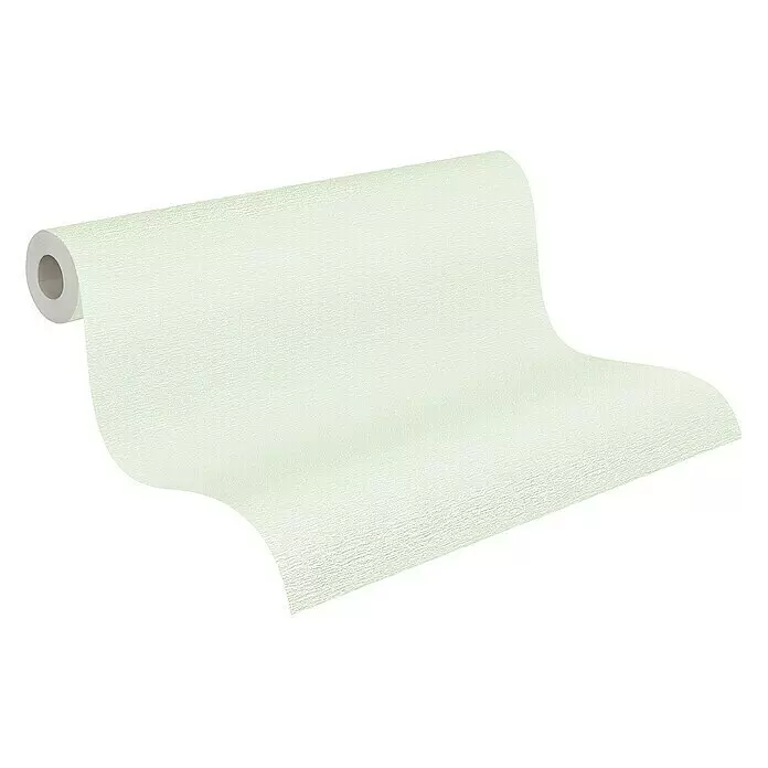 A.S. Création Casual Living Vliestapete Textilstruktur - Hellgrün, Uni, 10,05 x 0,53 m - Hellgrüne strukturierte Tapetenrolle, teilweise ausgerollt.