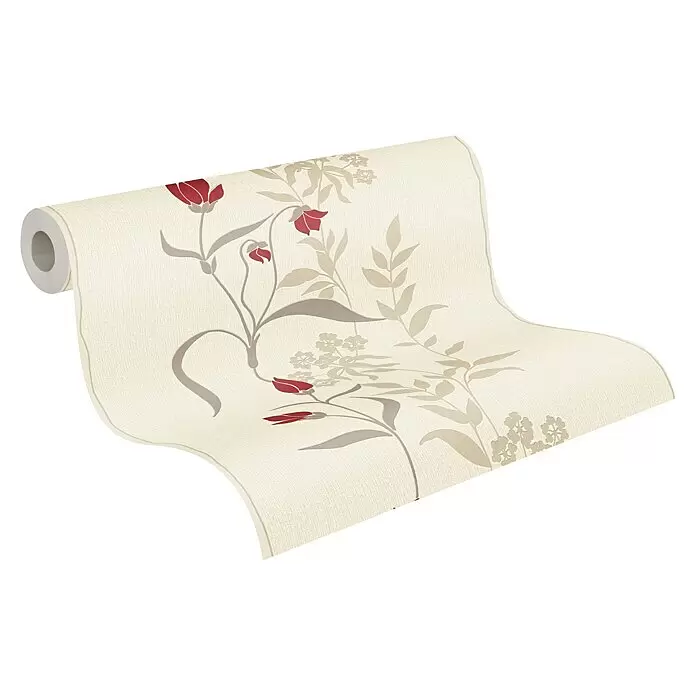 A.S. Création Casual Living Vliestapete - Creme/Rot/Beige, Floral, 10,05 x 0,53 m - Rolle cremefarbener Tapete mit detailreichem roten und grauen Blumenmuster, ausgerollt zur Präsentation von Design und Textur.