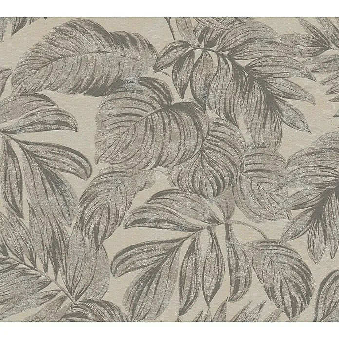A.S. Création Casual Living Vliestapete - Braun/Grau/Beige, Floral, 10,05 x 0,53 m - Nahaufnahme eines eleganten Blätter Tapetenmusters in neutralen Farbtönen mit strukturierten Details, ideal für stilvolle Innenräume.