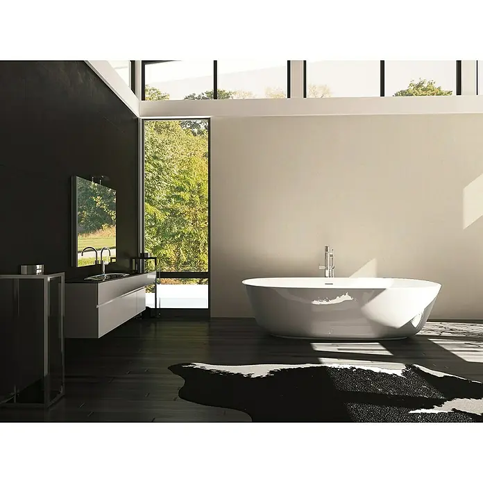 A.S. Création Casual Living Vliestapete Struktur - Beige, Uni, 10,05 x 0,53 m - Elegantes Badezimmer mit freistehender Badewanne im modernen Design, die durch ihre ovale Form und glatte Oberfläche besticht. Luxuriöses Ambiente.