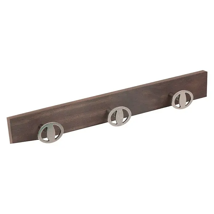 Nesu Perchero 9013 - L x An x Al: 485 x 5 x 55 cm, Madera, Nogal/Niquel, 3 Pomos - Un perchero de madera con tres ganchos plateados. Una solución de almacenamiento elegante y práctica para chaquetas y abrigos.