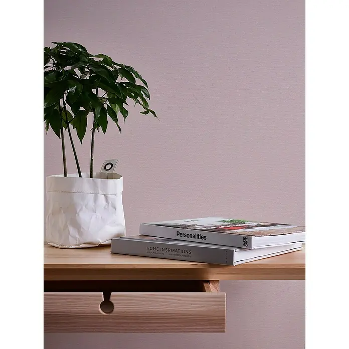 A.S. Création Casual Living Vliestapete Textilstruktur - Altrosa, Uni, 10,05 x 0,53 m - Nahaufnahme eines Schreibtisches mit einer Pflanze und zwei Büchern, die das schlichte und stilvolle Design hervorheben.