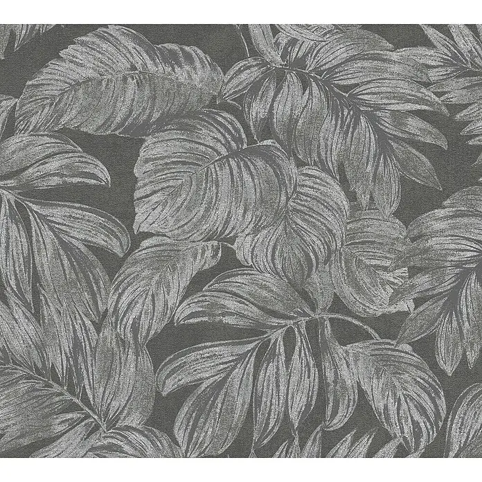 A.S. Création Casual Living Vliestapete - Anthrazit/Grau/Silber, Floral, 10,05 x 0,53 m - Ein detailliertes Muster aus Blättern in Grautönen, das eine ruhige und natürliche Atmosphäre schafft. Perfekt für moderne Wohnräume.