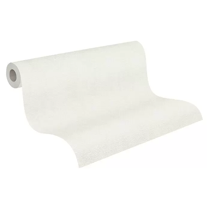 A.S. Création Casual Living Vliestapete - Freundliches Weiß, Uni, 10,05 x 0,53 m - Rolle weißer strukturierter Tapete, teilweise abgerollt.