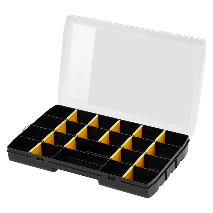 Stanley Estuche para piezas pequeñas STST81681-1 - Número de compartimentos: 22 ud., Sin contenido, Negro/Amarillo - Caja organizadora de plástico negro con separadores amarillos y tapa transparente, perfecta para piezas pequeñas.