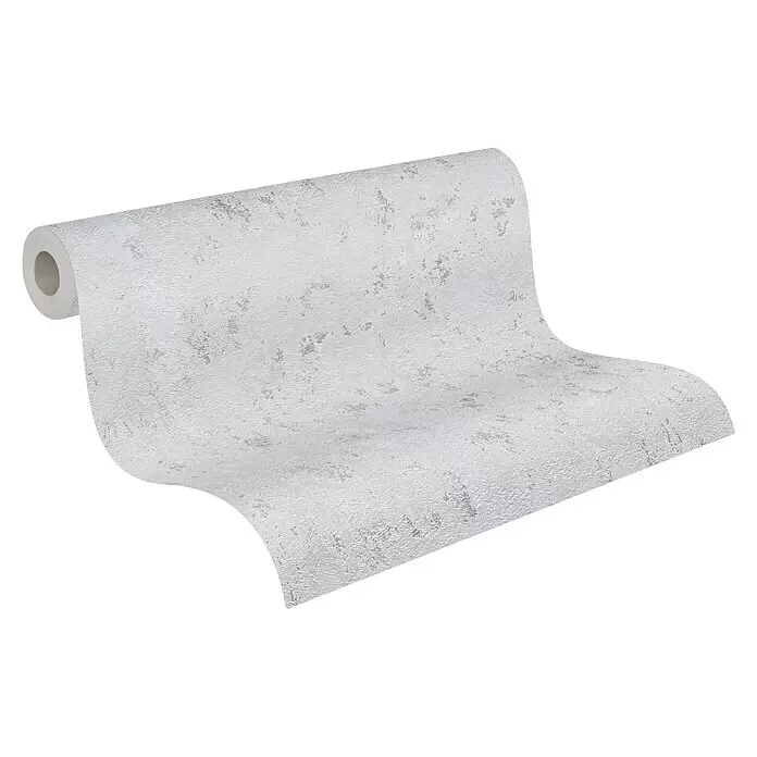 A.S. Création Casual Living Vliestapete Struktur - Grau/Silber/Metallic, Uni, 10,05 x 0,53 m - Weiß-hellgraue texturierte Tapetenrolle, teilweise abgerollt, mit gesprenkeltem Muster.