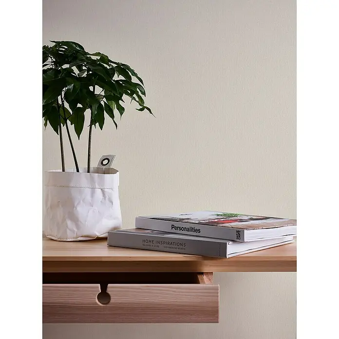 A.S. Création Casual Living Vliestapete - Cremefarben, Uni, 10,05 x 0,53 m - Nahaufnahme von zwei Büchern, einer Pflanze in einem weißen Topf und einer Kommode mit offener Schublade.