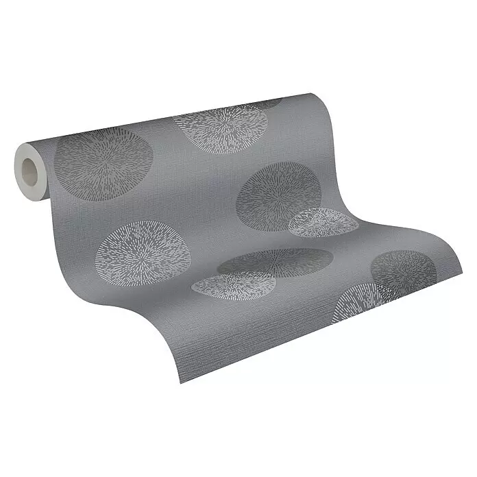 A.S. Création Casual Living Vliestapete Kreise - Anthrazitgrau, Grafisch, 10,05 x 0,53 m - Graue Tapetenrolle mit kreisförmigen Sternenmuster in Hell- und Dunkelgrau.
