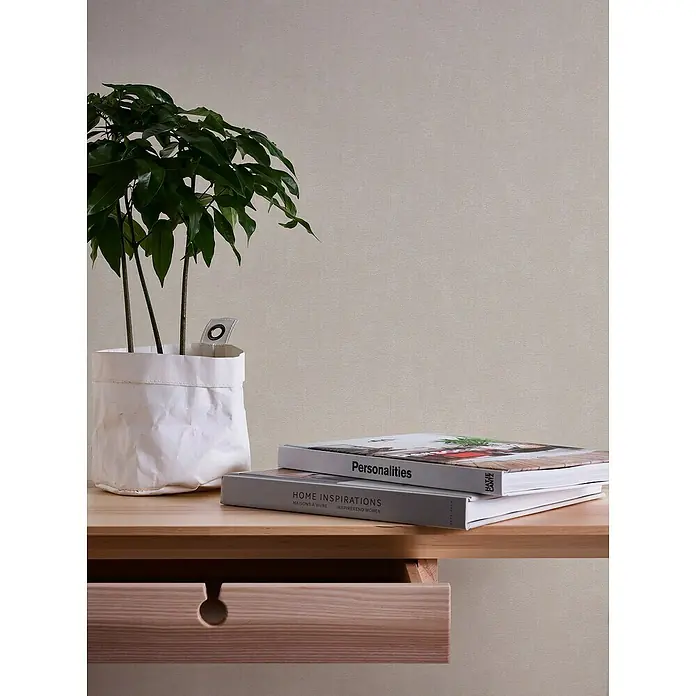 A.S. Création Casual Living Vliestapete - Harmonisches Beige, Uni, 10,05 x 0,53 m - Das Bild zeigt einen Schreibtisch mit einer Pflanze und zwei Büchern. Der Tisch hat eine Schublade und ist aus hellem Holz gefertigt.