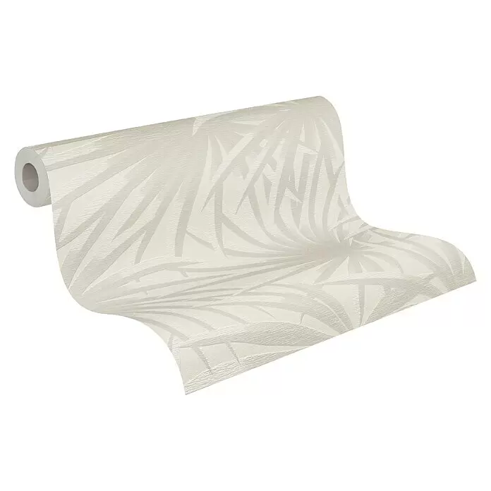 A.S. Création Casual Living Vliestapete Palmenblätter - Creme/Hellgrau, Floral, 10,05 x 0,53 m - Rolle beiger Tapete mit strukturiertem Palmenblattmuster, teilweise abgerollt.