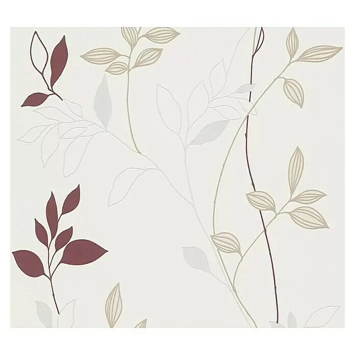 A.S. Création Casual Living Vliestapete Blätter - Creme/Rot/Beige, Floral, 10,05 x 0,53 m - Strukturierte Tapete mit zartem Blatt- und Astmuster in Bordeaux, Beige und Hellgrau.