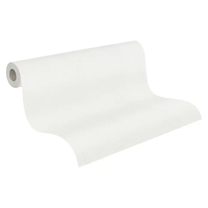 A.S. Création Casual Living Vliestapete - Weiß, Uni, 10,05 x 0,53 m - Rolle weiße, strukturierte Tapete, teilweise abgerollt.