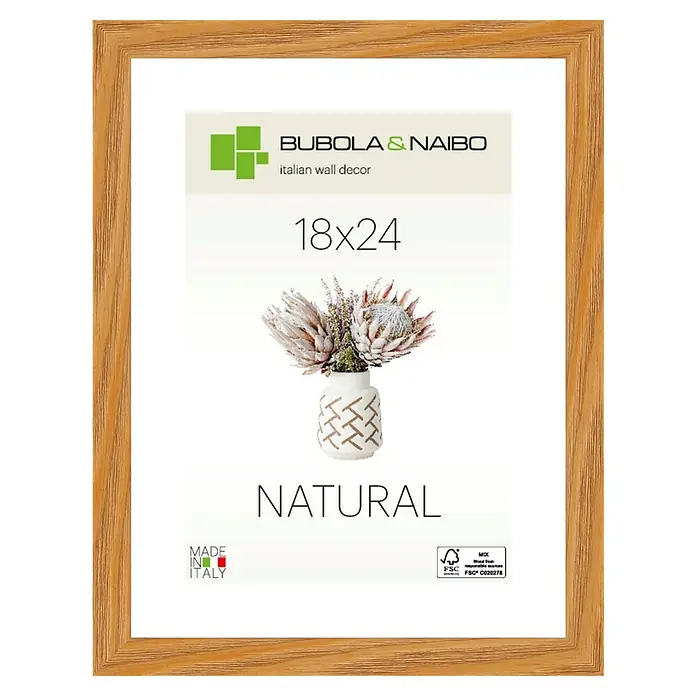 Bubola & Naibo Holzrahmen Tulipa 6340 - 18 x 24 cm, Eiche - Ein rechteckiger Bilderrahmen aus Holz, der sich perfekt für die stilvolle Präsentation von Fotos und Kunstdrucken eignet.