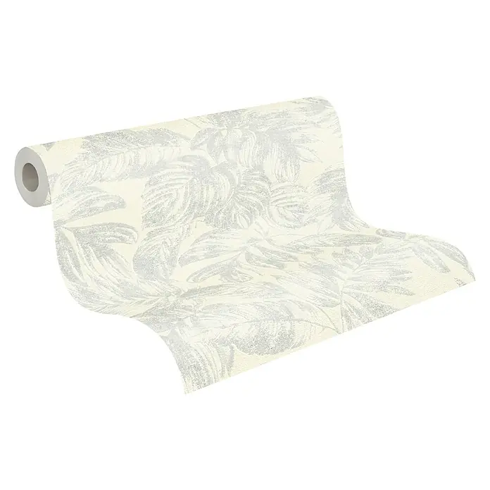 A.S. Création Casual Living Vliestapete - Weiß/Silber/Creme, Floral, 10,05 x 0,53 m - Rolle Tapete mit Blattmuster in sanften Farbtönen, ideal für eine stilvolle Wandgestaltung.