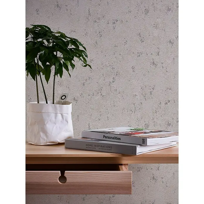 A.S. Création Casual Living Vliestapete Struktur - Grau/Beige/Silber, Uni, 10,05 x 0,53 m - Nahaufnahme eines eleganten Schreibtischs mit einem Topfpflanze und zwei Büchern, die eine ruhige und organisierte Arbeitsumgebung schaffen.