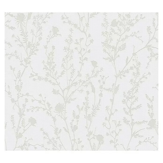 A.S. Création Casual Living Vliestapete - Hellgrau/Weiß, Floral, 10,05 x 0,53 m - Weiße strukturierte Tapete mit hellem botanischem Muster aus zarten Ästen und Blüten.