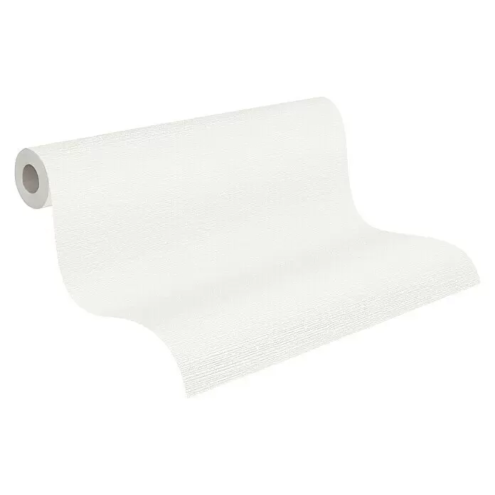 A.S. Création Casual Living Vliestapete - Strukturweiß, Uni, 10,05 x 0,53 m - Weiße strukturierte Tapetenrolle, teilweise abgerollt.