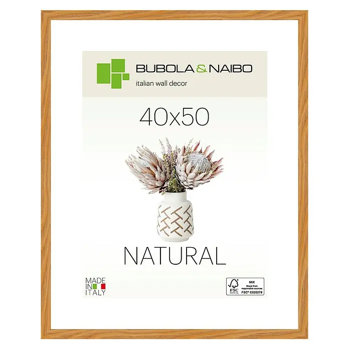 Bubola & Naibo Holzrahmen Tulipa 6340 - 40 x 50 cm, Eiche - Ein rechteckiger Holzrahmen in Naturholzoptik, der ein Kunstwerk oder Foto mit Blumenmotiv stilvoll umrahmt.