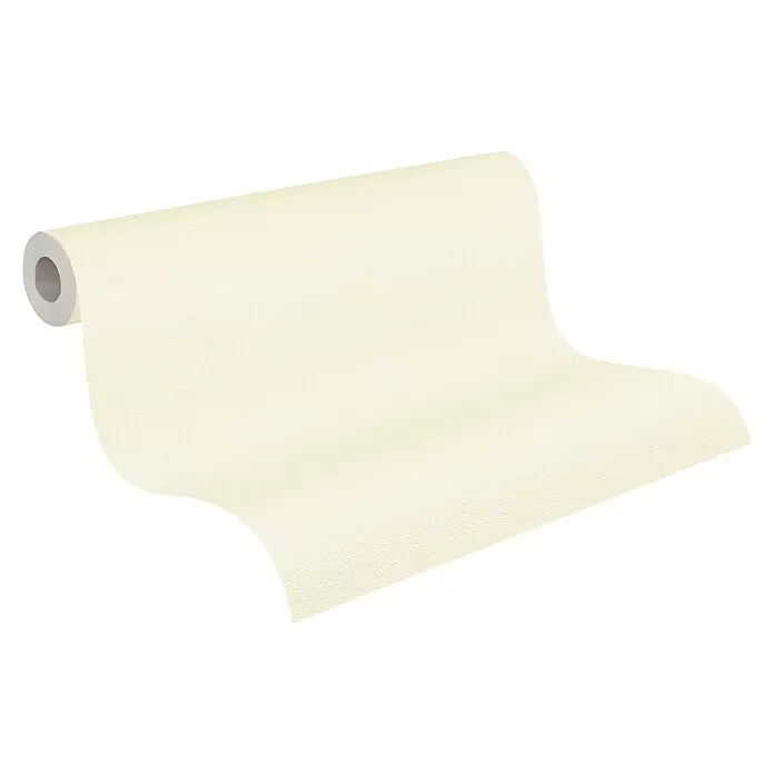 A.S. Création Casual Living Vliestapete - Beigeweiß, Uni, 10,05 x 0,53 m - Teilweise abgerollte, hellbeige strukturierte Tapetenrolle.