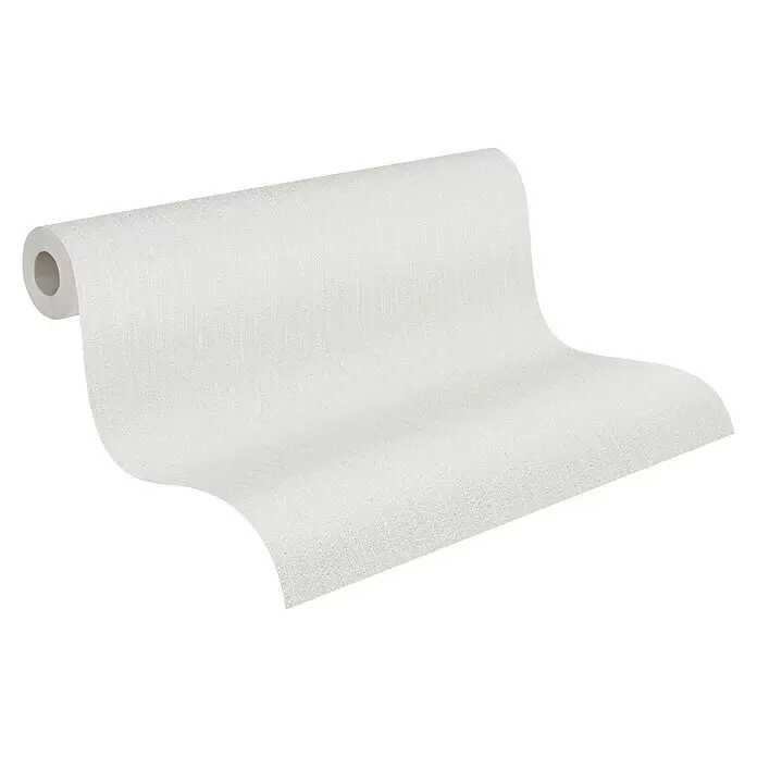 A.S. Création Casual Living Vliestapete Struktur - Grau/Taupe, Uni, 10,05 x 0,53 m - Weiße, strukturierte Tapetenrolle, teilweise ausgerollt.