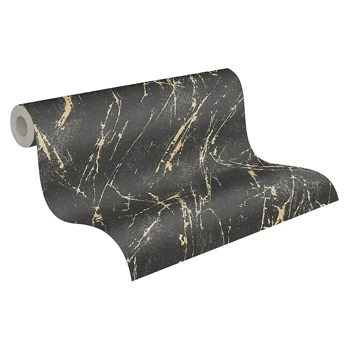 A.S. Création Casual Living Vliestapete Marmor - Schwarz/Gold/Metallic, Steinoptik, 10,05 x 0,53 m - Eine Rolle Vinyltapete in Schwarz mit auffälligem Goldmarmor-Design, perfekt für elegante Akzente in jedem Raum. Die Tapete vereint Stil und hochwertige Verarbeitung.