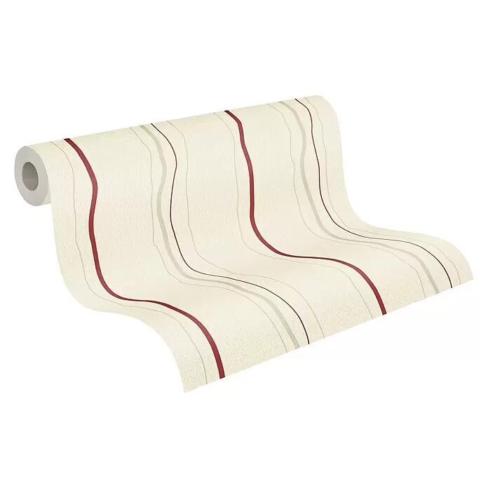 A.S. Création Casual Living Vliestapete - Creme/Rot/Beige, Streifen, 10,05 x 0,53 m - Texturierte cremefarbene Tapetenrolle mit wellenförmigen roten und hellgrauen Streifen, teilweise abgerollt.