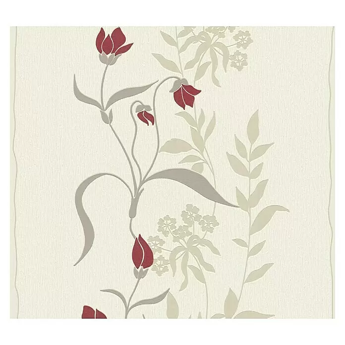 A.S. Création Casual Living Vliestapete - Creme/Rot/Beige, Floral, 10,05 x 0,53 m - Helle cremefarbene Struktur-Tapete mit vertikalem Muster aus roten und hellgrauen Blumen.