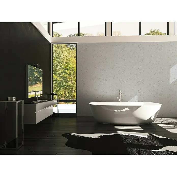 A.S. Création Casual Living Vliestapete Struktur - Grau/Silber/Metallic, Uni, 10,05 x 0,53 m - Elegantes Badezimmer mit freistehender Badewanne, moderner Waschtisch und großem Fenster. Edles Design für entspannende Momente.