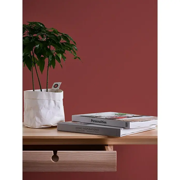 A.S. Création Casual Living Vliestapete - Rot, Uni, 10,05 x 0,53 m - Ein Arrangement mit einer Zimmerpflanze in einem weißen Übertopf, gestapelten Büchern und einer Holzkommode vor einer roten Wand.