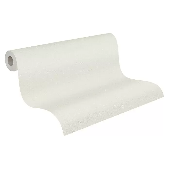 A.S. Création Casual Living Vliestapete - Cremiges Weiß, Uni, 10,05 x 0,53 m - Rolle weiße strukturierte Tapete, teilweise abgerollt.