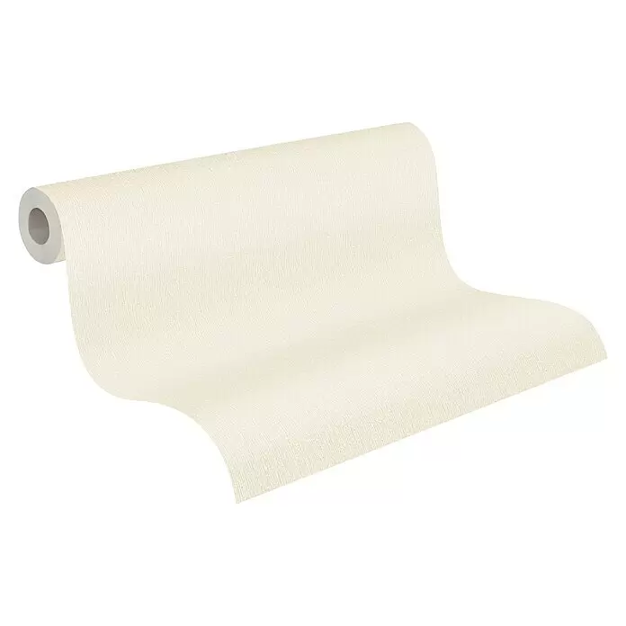 A.S. Création Casual Living Vliestapete - Cremefarben, Uni, 10,05 x 0,53 m - Strukturierte hellbeige Tapetenrolle, teilweise abgerollt.