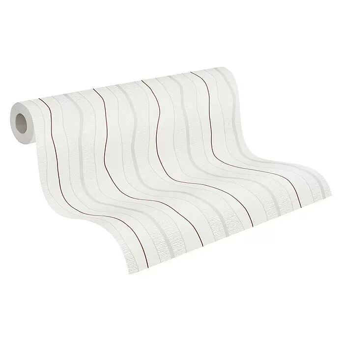 A.S. Création Casual Living Vliestapete - Creme/Rot, Streifen, 10,05 x 0,53 m - Rolle weiß-grauer strukturierter Tapete mit Wellenmustern und dünnen roten vertikalen Streifen.
