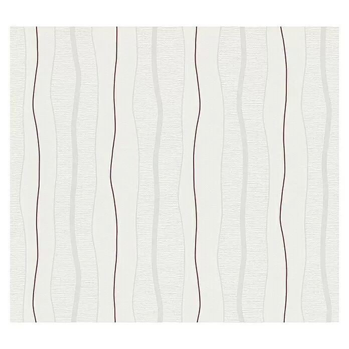 A.S. Création Casual Living Vliestapete - Creme/Rot, Streifen, 10,05 x 0,53 m - Tapete mit gewellten vertikalen Streifen in Weiß, Hellgrau und dünnen burgunderroten Linien, mit texturierter Oberfläche.