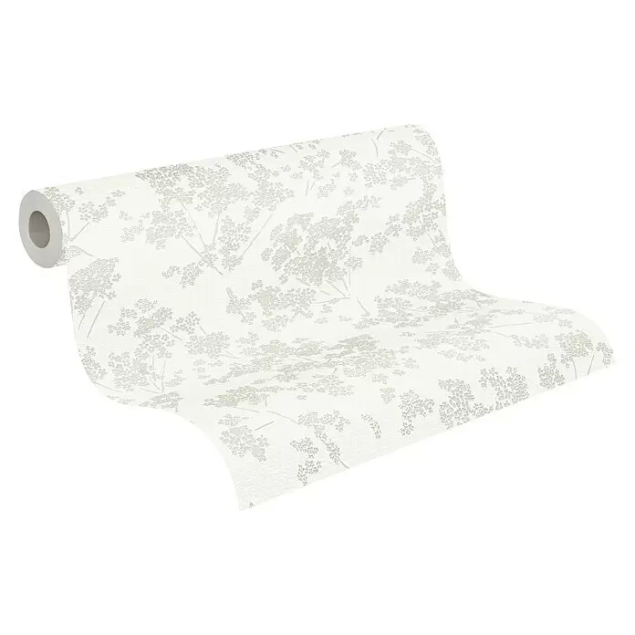 A.S. Création Casual Living Vliestapete Blümchen - Weiß/Grün/Grau, Floral, 10,05 x 0,53 m - Rolle strukturierter cremefarbener Tapete mit dezentem hellem Blumenmuster.