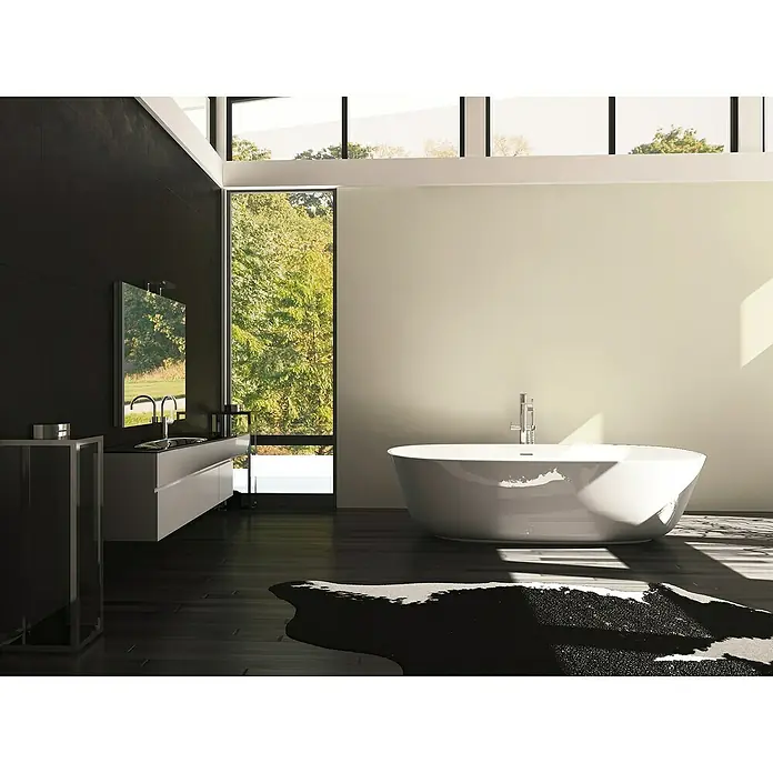 A.S. Création Casual Living Vliestapete - Beigeweiß, Uni, 10,05 x 0,53 m - Helles Badezimmer mit freistehender Badewanne, Waschtisch und großem Fenster mit Blick ins Grüne. Modernes Design und viel Tageslicht.