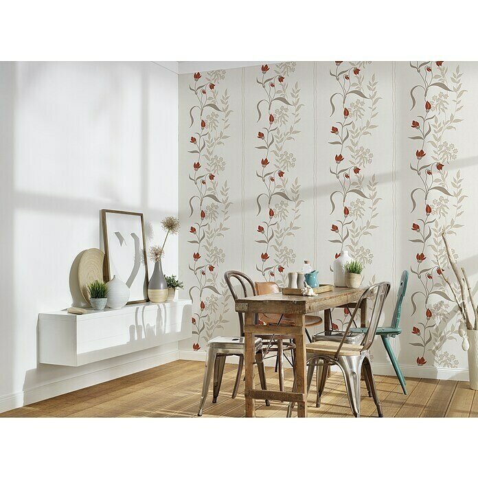 AS Creation Casual Living Vliestapete (Creme/Rot/Beige, Floral, 10,05 x 0,53 m) | BAUHAUS