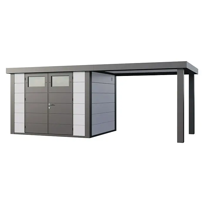 Telluria Metallgerätehaus Classico 3024 mit Open Lounge L rechts - Außenmaß inkl. Dachüberstand (B x T): 602 x 258 cm, Stahl, Weiß/Anthrazit, Ohne Set - Modernes Gerätehaus mit Doppeltür und Carport-Anbau, ideal zur Aufbewahrung und als Unterstand für Gartengeräte und Fahrräder.