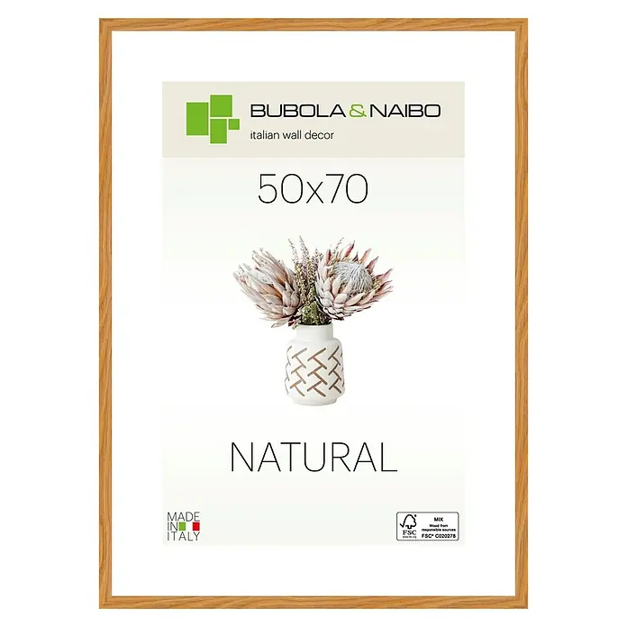 Bubola & Naibo Holzrahmen Tulipa 6340 - 50 x 70 cm, Eiche - Ein moderner 50x70 cm großer Holzrahmen mit einem stilvollen Protea-Blumenmuster, ideal für die Wanddekoration.