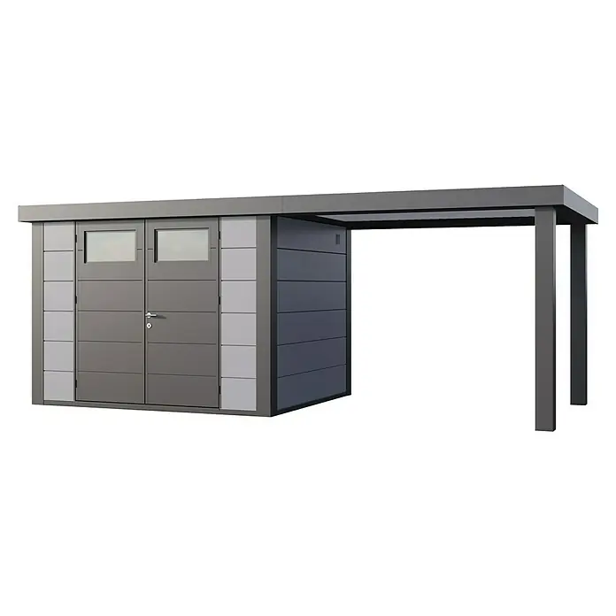 Telluria Metallgerätehaus Classico 3024 mit Open Lounge L rechts - Außenmaß inkl. Dachüberstand (B x T): 602 x 258 cm, Stahl, Lichtgrau/Anthrazit, Ohne Set - Ein modernes Gerätehaus mit zwei Türen, Fenstern und einem Anbau. Das Gerätehaus ist in Grautönen gehalten und hat ein schlichtes Design.