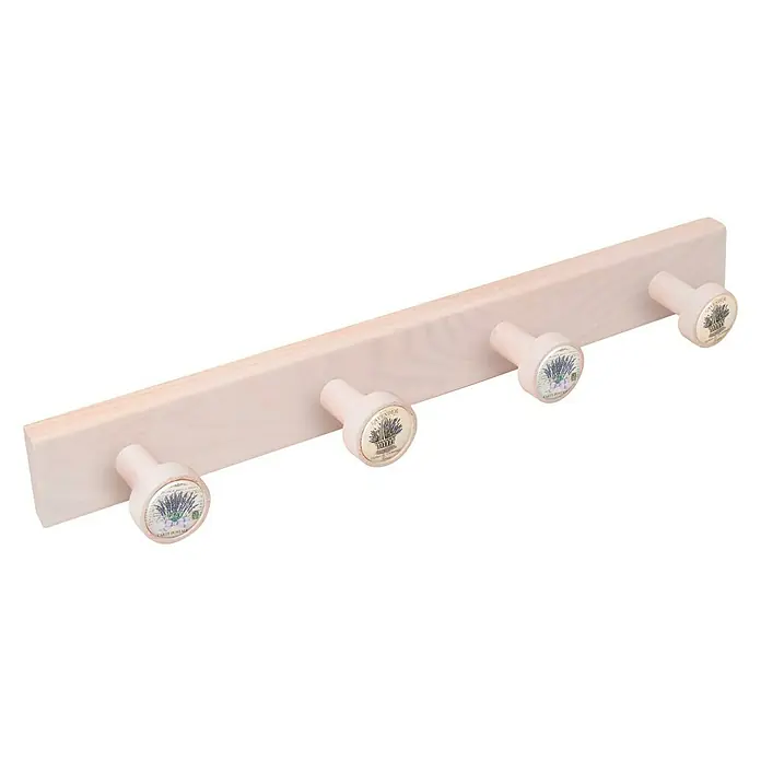 Nesu Perchero 9045 - L x An x Al: 485 x 5 x 65 cm, Madera, Rosa - Un perchero con cuatro pomos con diseños de lavanda, perfecto para un almacenamiento elegante en un pasillo o dormitorio.