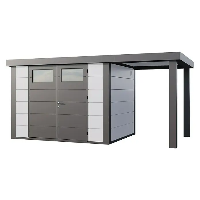 Telluria Metallgerätehaus Classico 3024 mit Open Lounge S rechts inkl. Elektro-Set - Außenmaß inkl. Dachüberstand (B x T): 486 x 258 cm, Stahl, Weiß/Anthrazit, Inkl. Innenwandverkleidung & Elektro-Set - Geräumiger Geräteschuppen mit Doppeltür und Überdachung. Die graue und weiße Farbgebung verleiht dem Schuppen ein modernes Aussehen.