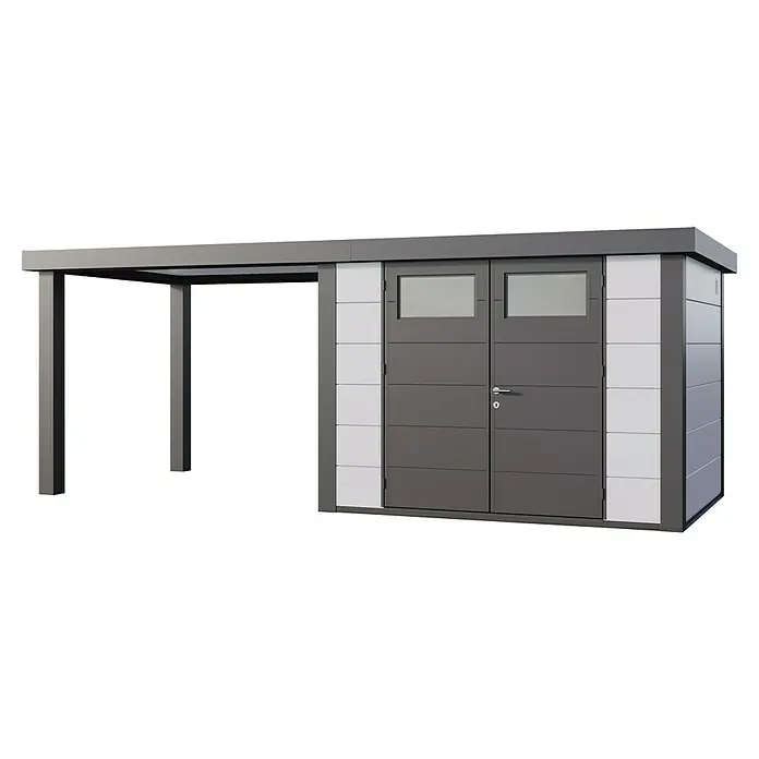 Telluria Metallgerätehaus Classico 3024 mit Open Lounge L links inkl. Elektro-Set - Außenmaß inkl. Dachüberstand (B x T): 602 x 258 cm, Stahl, Weiß/Anthrazit, Inkl. Innenwandverkleidung & Elektro-Set - Ein modernes Gartenhaus mit einer Überdachung, ideal für die Aufbewahrung oder als stilvoller Rückzugsort im Freien.