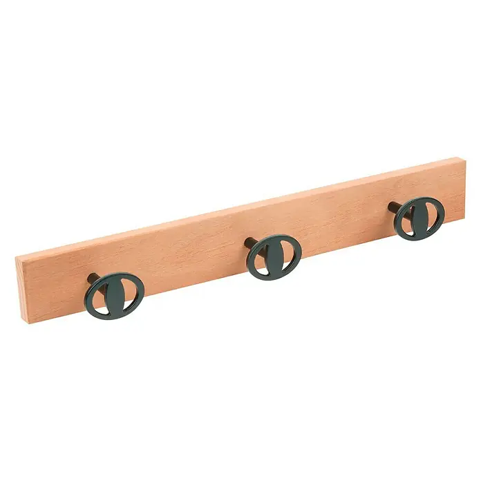 Nesu Perchero 9013 - L x An x Al: 485 x 5 x 55 cm, Madera, Haya/Negro, 3 Pomos - Un perchero de madera con tres perchas circulares negras, ideal para colgar chaquetas y accesorios.