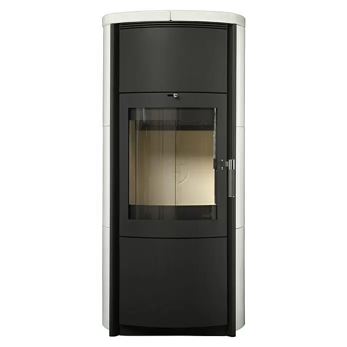 Hark Kaminofen Keno ECOplus - 5 kW, Raumheizvermögen: 138 m³, Material Verkleidung: Keramik, Creme/Weiß - Moderner Holzofen mit weißen Seitenverkleidungen und einer dunkelgrauen Front mit großer Glastür.