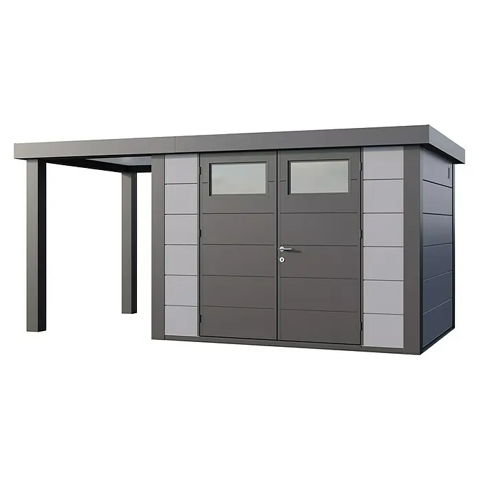 Telluria Metallgerätehaus Classico 3024 mit Open Lounge S links inkl. Elektro-Set - Außenmaß inkl. Dachüberstand (B x T): 486 x 258 cm, Stahl, Lichtgrau/Anthrazit, Inkl. Innenwandverkleidung & Elektro-Set - Modernes Gartenhaus mit Doppeltür und integriertem Vordach, ideal für die Aufbewahrung von Gartengeräten und als stilvoller Außenbereich.