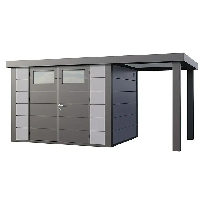Telluria Metallgerätehaus Classico 3024 mit Open Lounge S rechts inkl. Elektro-Set - Außenmaß inkl. Dachüberstand (B x T): 486 x 258 cm, Stahl, Lichtgrau/Anthrazit, Inkl. Innenwandverkleidung & Elektro-Set - Ein modernes, graues Gerätehaus mit Doppeltür und Überdachung bietet praktischen Stauraum im Außenbereich. Die klare Linienführung prägt das Design.