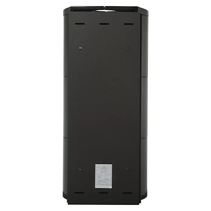 Hark Kaminofen Keno ECOplus - 5 kW, Raumheizvermögen: 138 m³, Material Verkleidung: Keramik, Meteor-Schwarz - Rückseite eines dunkelgrauen Ofens mit Typenschild, Lüftungsschlitzen und matter Metalloberfläche.