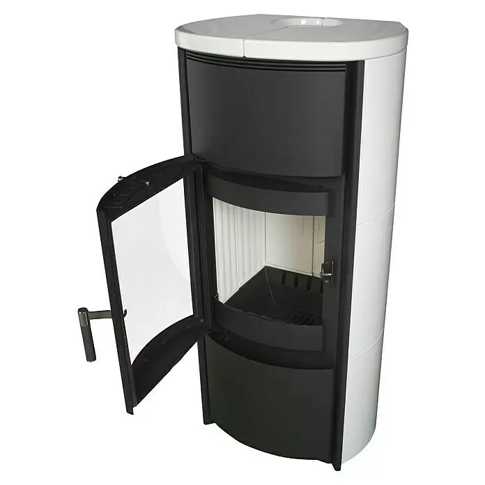 Hark Kaminofen Keno ECOplus - 5 kW, Raumheizvermögen: 138 m³, Material Verkleidung: Keramik, Creme/Weiß - Moderner weißer und dunkelgrauer Kaminofen mit geöffneter Brennraumtür.