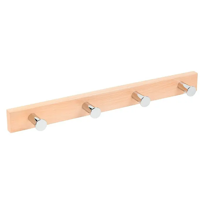 Nesu Perchero 989 - L x An x Al: 485 x 5 x 51 cm, Madera, Haya/Cromado - Perchero de madera con cuatro ganchos plateados. Práctico perchero de pared para guardar chaquetas y accesorios.